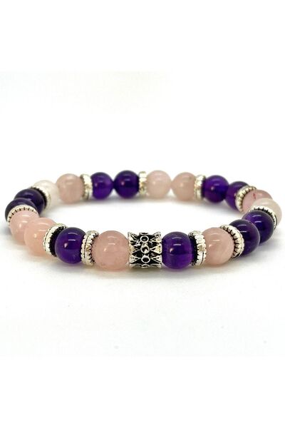 Nelleovana Unisex Natural Stone Love Magnet Bracelet - Amethyst and Pink Quartz