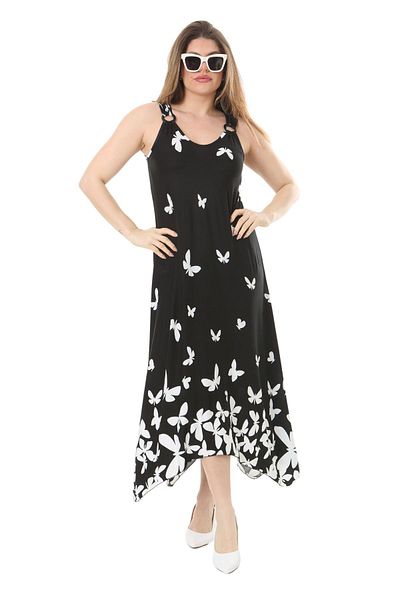 MELSAY Plus Size Women's Black Butterfly Patterned Strap Dress