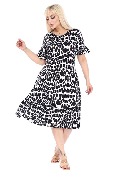 MELSAY Γυναικεία κοντομάνικη ασπρόμαυρη φούστα με βολάν φόρεμα μεγάλου μεγέθους