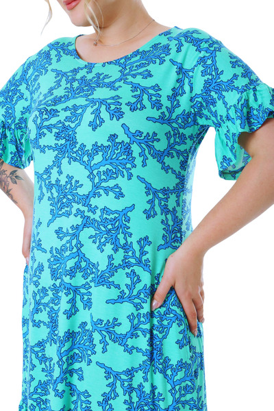 MELSAY Plus Size Turquoise Blue Print Ruffle Pocket Dress