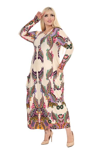 MELSAY Women's Beige Shawl Pattern Long Sleeve Pocket Long Dress