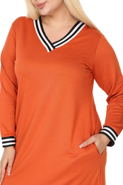 MELSAY Plus Size Orange Striped V-Neck Sweat Women's Dress