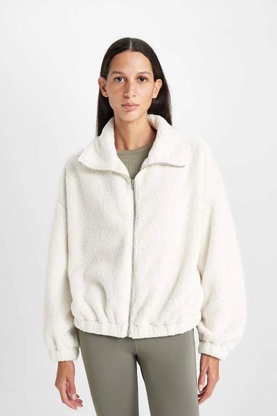 DeFacto C8229 Oversize Wide Fit Polo Neck Welsoft Plush Zip-Up Cardigan