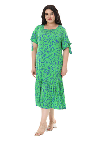 MELSAY Green Floral Pattern - Women's Plus Size Dress with Rope Tied Sleeves