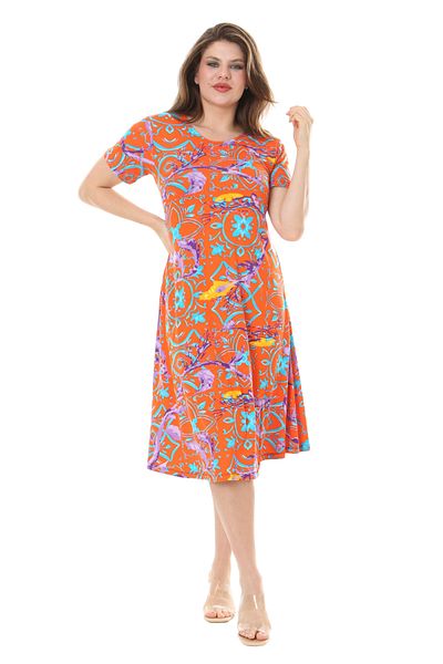 MELSAY Women's Large Size Short Sleeve Orange Retro Print Midi Dress