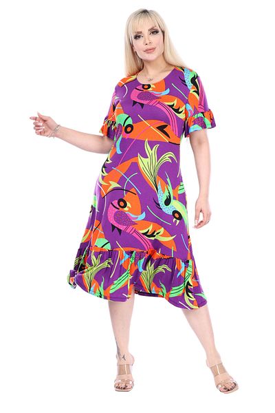 MELSAY Women's Plus Size Purple Fish Pattern Pocket Dress with Frilly Sleeves and Skirt
