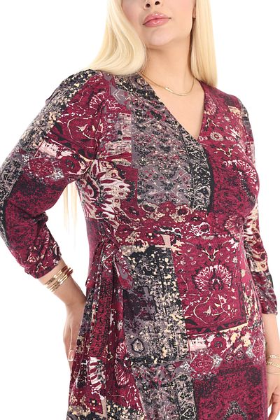 MELSAY Rochie midi cu guler dublu cu imprimeu etnic burgundy - Maneca lunga, Plus Size