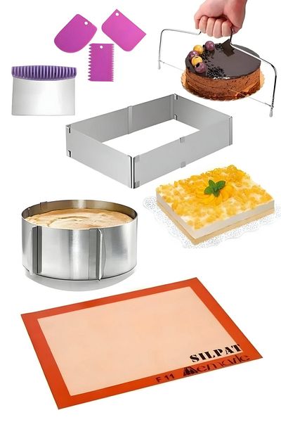 Seyese 8 Pieces Cake Set, Adjustable Round and Square Cake Molds with Washable Baking Paper Clamps
