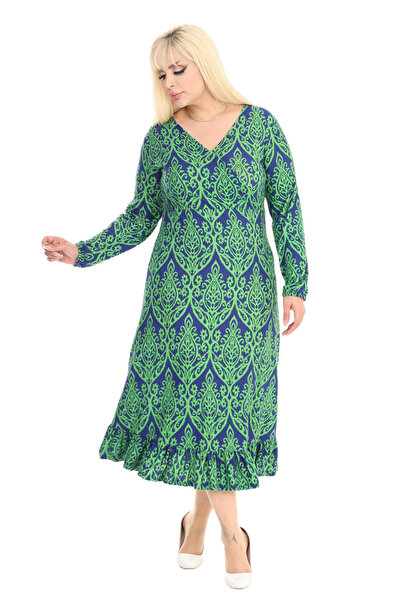 MELSAY Γυναικείο χειμωνιάτικο φόρεμα με διπλό γιακά με πράσινη δαντέλα με βολάν