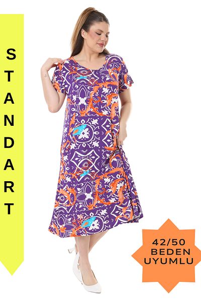 MELSAY Γυναικείο φόρεμα βισκόζης με μοτίβο μωβ Damask Standard Εύρος μεγεθών 44-52