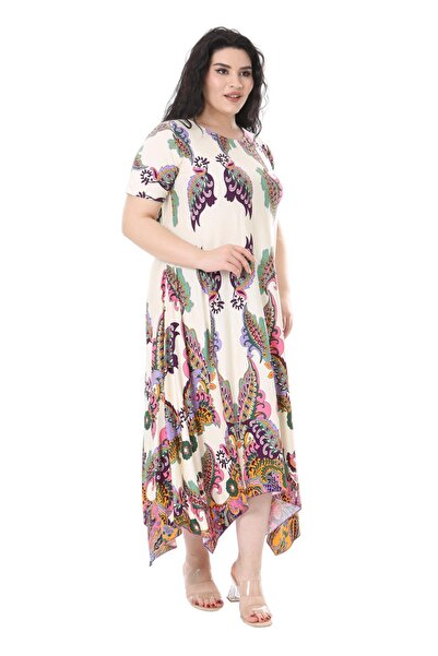 MELSAY Γυναικείο φόρεμα με ασύμμετρο κοντομάνικο σχέδιο σε κρεμ σάλι