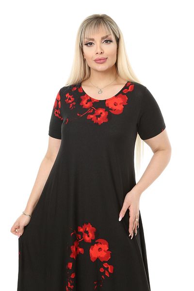 MELSAY Women's Large Size Short Sleeve Red Poppy Pattern Asymmetrical Dress