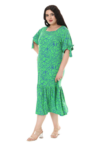 MELSAY Green Floral Pattern - Women's Plus Size Dress with Rope Tied Sleeves