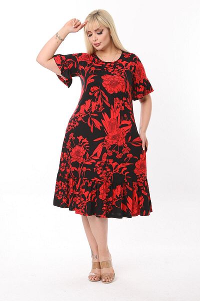 MELSAY Women's Plus Size Red Palm Tree Pattern Pocket Dress with Frilly Sleeves and Skirt