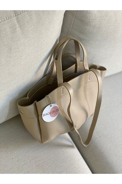 BAGLOVİS GEANTĂ DE UMERI MEDIE DIN LENJĂ EXTRA CU DETALII CULOARE MINK