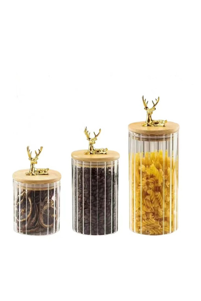 morponi 3'lü Borosilikat Cam Geyik Figürlü Şık Çizgili Cam Kavanoz Mutfak Set...