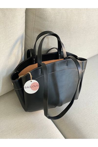 BAGLOVİS حقيبة كتف نسائية سوداء متوسطة الحجم بتفاصيل كتان إضافية