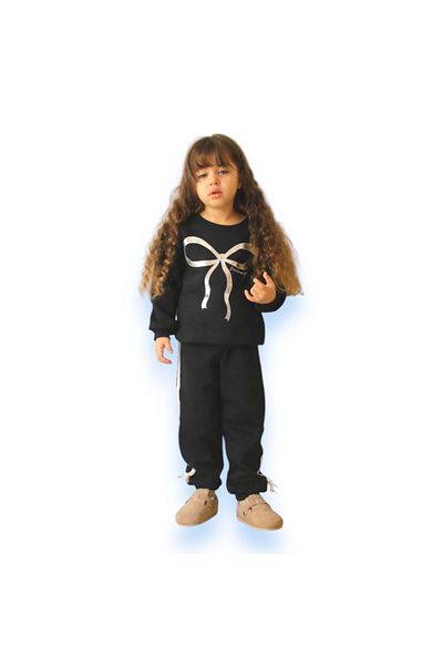Lolliboomkids Girl's Dark Navy Color Soft Cotton Bow Ribbon Glitter Leaf Printed Trend Tracksuit Set
