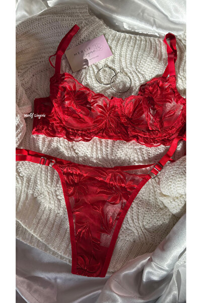 Merlif Sevgililer Günü Kırmızı Çiçek Zambak Lilyum Fantezi Iç Çamaşır Takımı (SÜTYEN &TANGA KÜLOT)