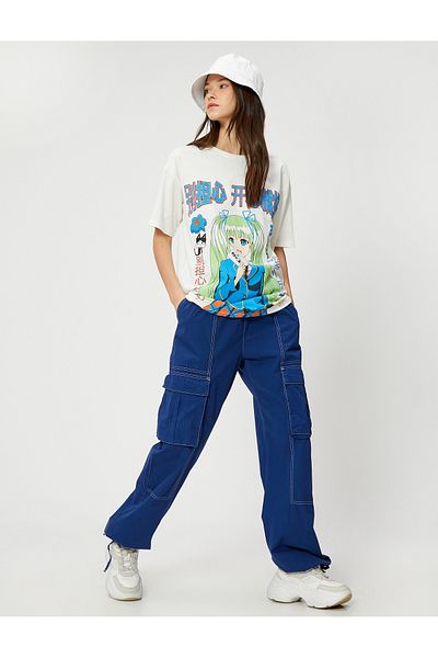 Koton Anime tričko oversize s krátkým rukávem a výstřihem bavlna