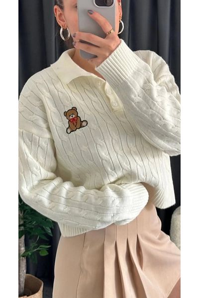 DAMGA Collection Tricotaj cu model de broderie ursuleț de pluș Pulover moale