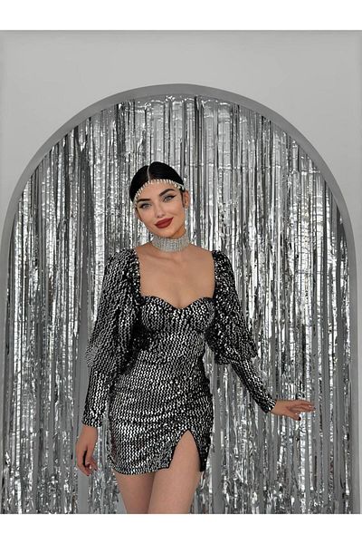 S&A Collectionn Rochie mini cu paiete, cu mâneci cu balon, cu decolteu inimă
