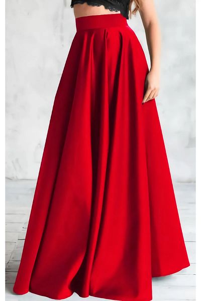 NSMLİFE Red High Waist A Pleat Pocket Satin Skirt