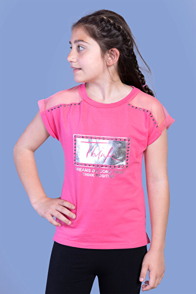 Toontoy Момичешка тениска с щампи с фолио и тюл на раменете