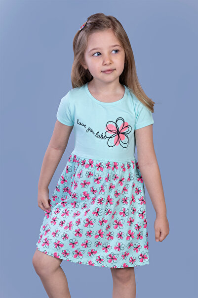 Toontoy Girl's Flower Patterned Text Embroidered Sequin Stone Embroidered Dress