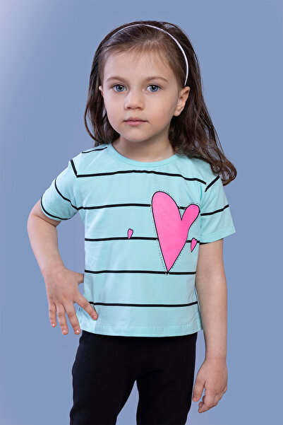 Toontoy Tricou cu inimă în dungi pentru fetiță cu imprimeu cu broderie de piatră