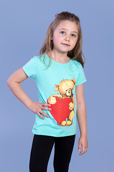 Toontoy Girl's Heart Teddy Bear Printed Stone Embroidered T-Shirt