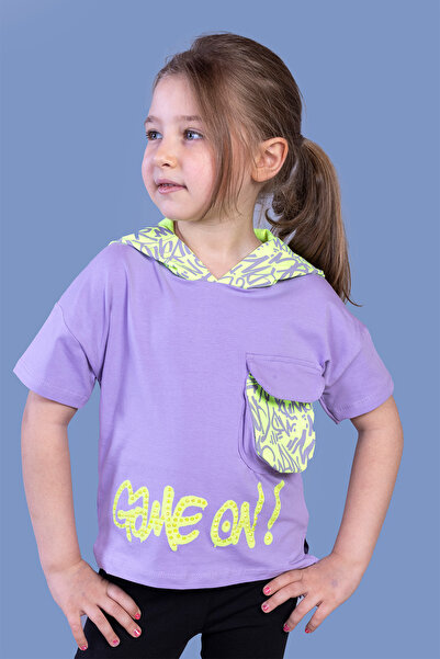 Toontoy Girl's Pocket Detailed Hooded Printed T-Shirt