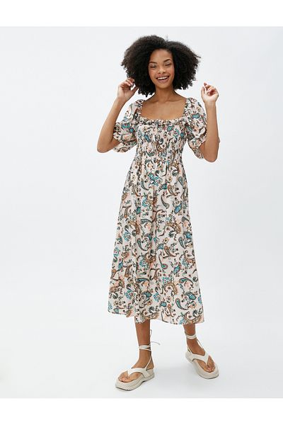 Koton Φόρεμα Viscose Midi Balloon Sleeves Τετράγωνο γιακά Glitter Λεπτομέρεια γραβάτας