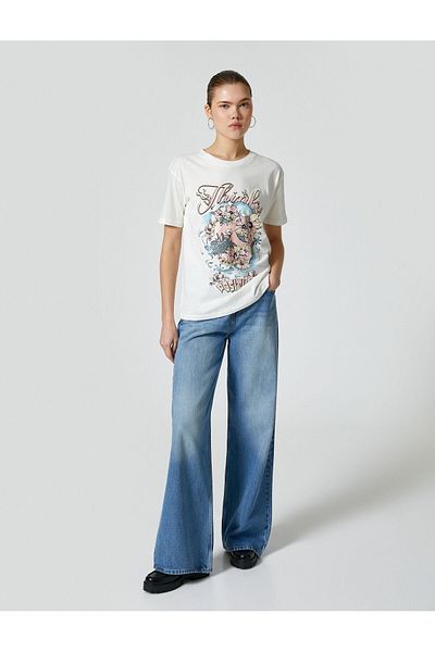 Koton Floral Printed T-Shirt Cotton Short Sleeve Crew Neck