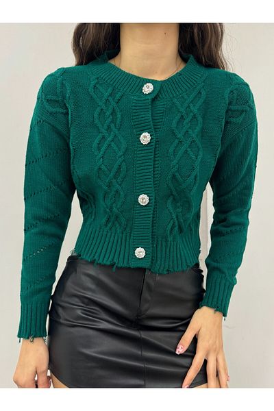 Modamorfo Emerald Stone Buttoned Ripped Cropped Cardigan