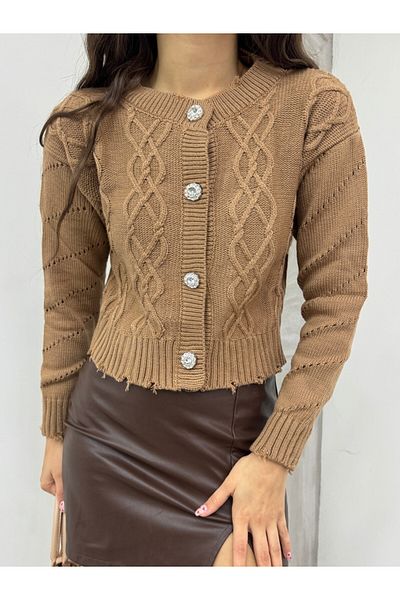 Modamorfo Mink Cropped Cardigan with Stone Buttons and Ripped