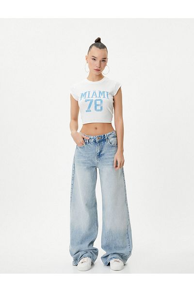Koton College Crop T-Shirt Short Sleeve Crew Neck Cotton