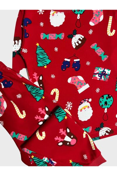 elmas kids Erkek Çocuk %100 Pamuklu Kırmızı Şeker Çam Ağacı Desenli Yeni Yıl Temalı Uzun Kollu Pijama Takımı