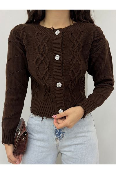 Modamorfo Stone Buttoned Ripped Cropped Cardigan -Brown