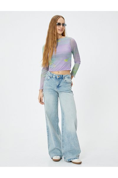 Koton Crop T-Shirt mit Batikmuster, langen Ärmeln und Rundhalsausschnitt