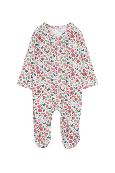 Mavipink Kız Bebek %100 Pamuk Çıtçıtlı Patikli Ayaklı Çiçek Desenli Tulum