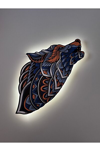 UViolets Dekoratif Ahşap Baskılı Etnik Desen Kurt Başı Led'li Aplik Duvar Ayd...