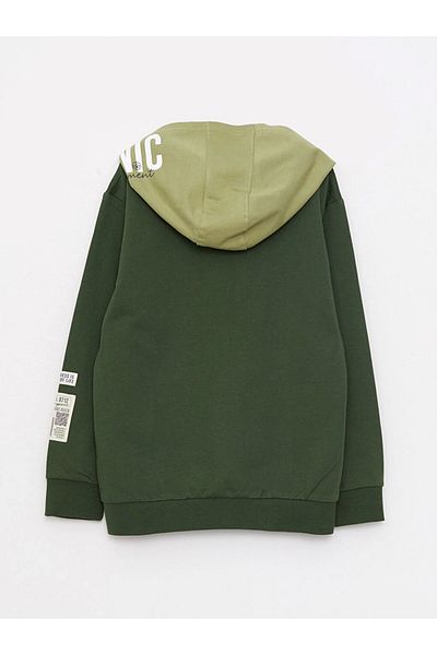 LC Waikiki Lcw Kids Green Hooded Printed Long Sleeve Boys Sweatshirt