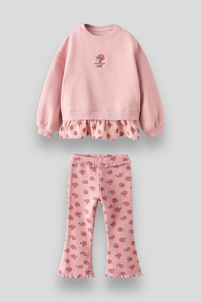 Magu Virágos hímzésű rózsaszín pamut pulóver leggings alsó-felső szett lányoknak