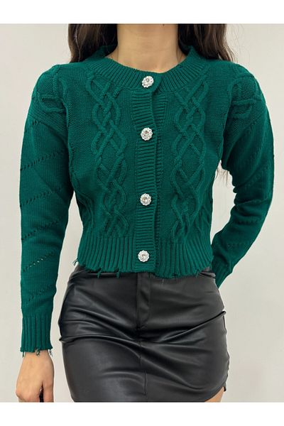 Modamorfo Emerald Stone Buttoned Ripped Cropped Cardigan