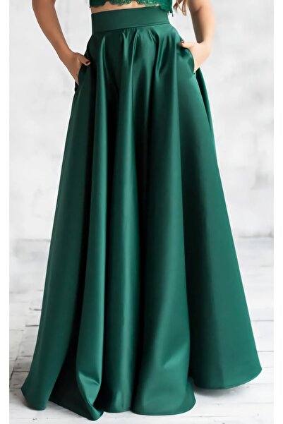 NSMLİFE Emerald Green High Waist Pleated Satin Skirt with Pockets