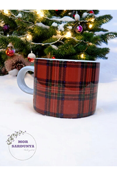 Morsardunya Kırmızı Ekose Desen Baskılı Porselen Kupa