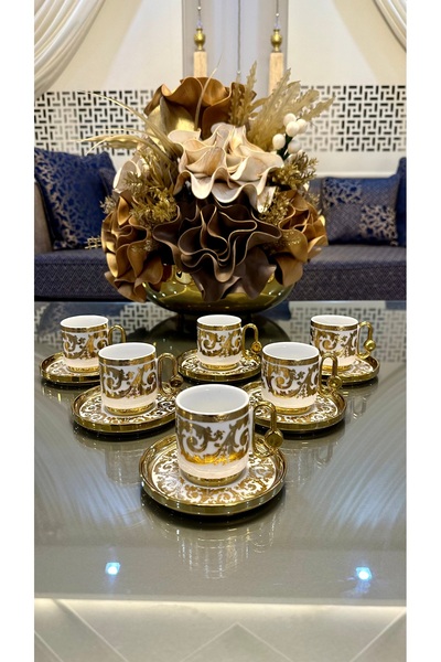 Turkuaz kristal WİNTERBACH 6 Kişilik 12 Parça Gold Porselen Kahve Fincan Takımı Seti