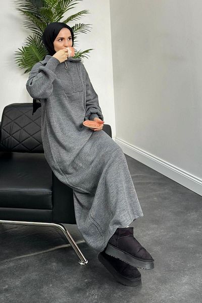 MERVEN AKYÜZ Gray Oversize Knitwear Dress - Jairo Zippered
