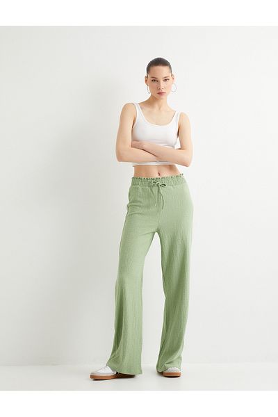 Koton Wide Leg Trousers Tie Waist Elastic Comfortable Fit Cotton Textured